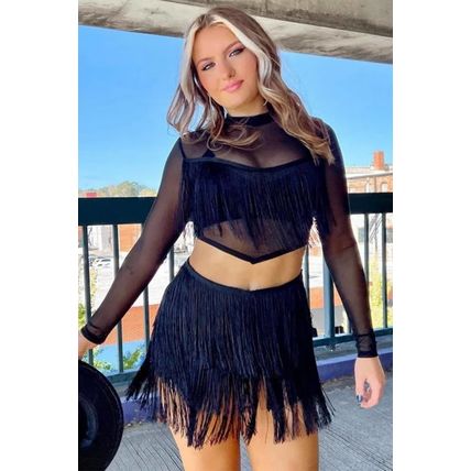 Black Tiered Fringe Trimmed Mini Skirt