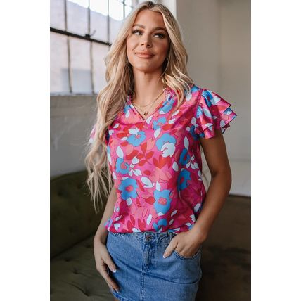 Rose Red Ruffled Sleeve Floral Blouse