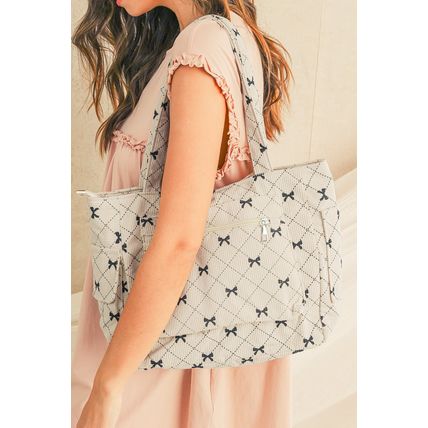 White Bow Knot Plaid Print Large Tote Bag