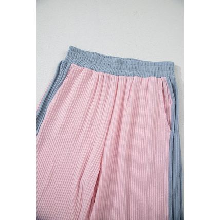Pink Corded Colorblock Patchwork Short Sleeve Top and Loose Pants Set