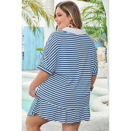 Blue Stripe Short Sleeve Collared V Neck Top Plus Size Short Set