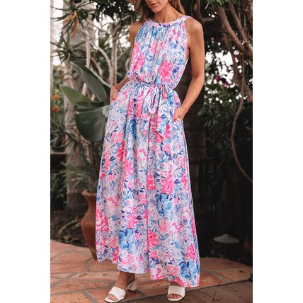 Sky Blue Floral Printed Sleeveless O Neck Knot Waist Maxi Dress