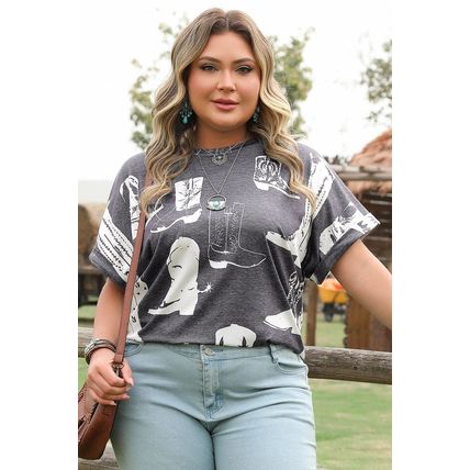 Gray Plus Size Western Boots Print Crew Neck T Shirt