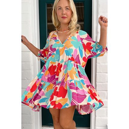 Rose Red Floral Bubble Sleeve V Neck Tiered Ruffle Babydoll Dress