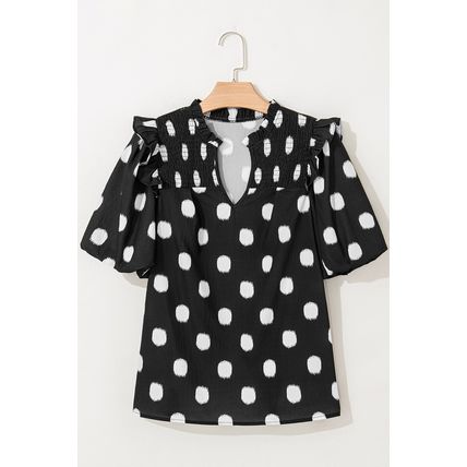 Black Polka Dot Print Shirred Yoke Notched Neck Balloon Sleeve Blouse