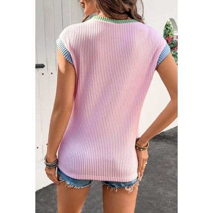 Pink Colorblock Edge Twisted Rib Texture Sequin American Flag Casual T Shirt