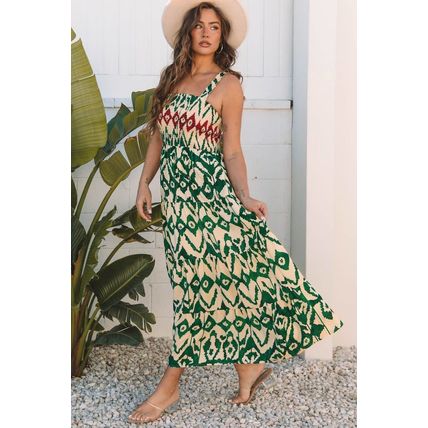 Green Western Aztec Shirred A-line Sleeveless Maxi Dress