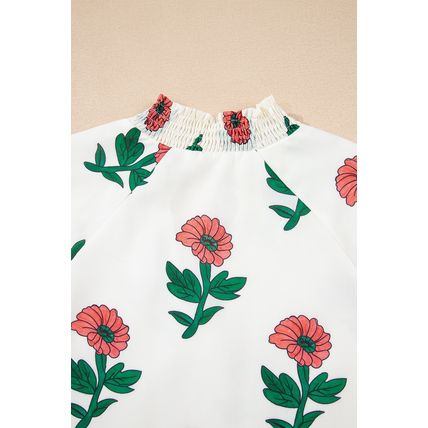 Beige Floral Print Shirred Split Neck Short Sleeve Blouse