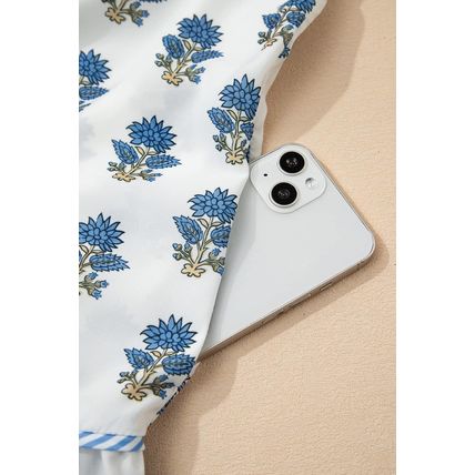 Sky Blue Floral Puff Sleeve Tied Neck Pocketed Mini Dress