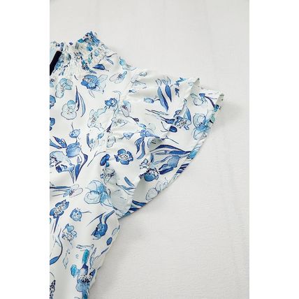 Sky Blue Floral Print Ruffled Short Sleeve Blouse