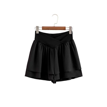 Black Crossed Waist Tiered Flowy Shorts