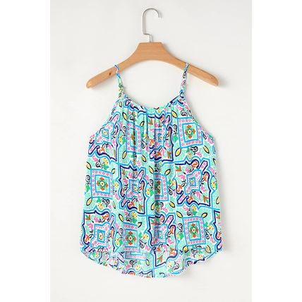 White Rhinestone Boho Floral Printed Spaghetti Strap Tank Top