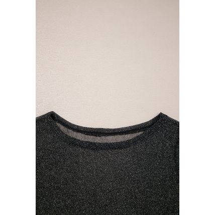 Black Metallic Glitter Mesh Long Sleeve Top