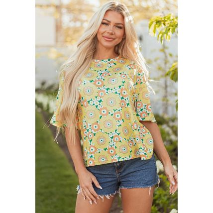 Yellow Summer Flower Printed Drop Shoulder Loose T Shirt