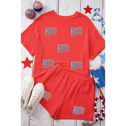Orange Sequined American Flag Twisted Rib Texture 2pcs Short Set