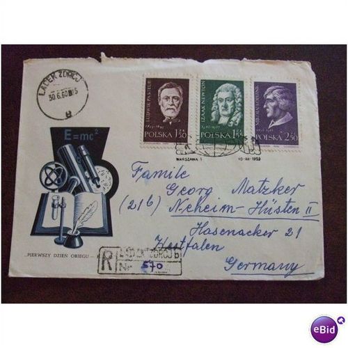 Poland 1959 Famous Scientists stamps First Day Cover Ladek Zdroj Newton Pasteur