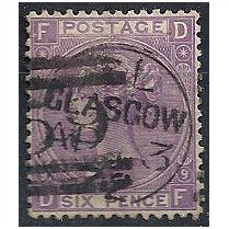 1870 SG109 6d Mauve Plate 9 Good+ Used GLASGOW Duplex Cancel Check Letters "FK".