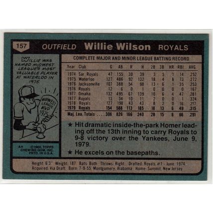 1980 Topps baseball card 157 Willie Wilson - Royals