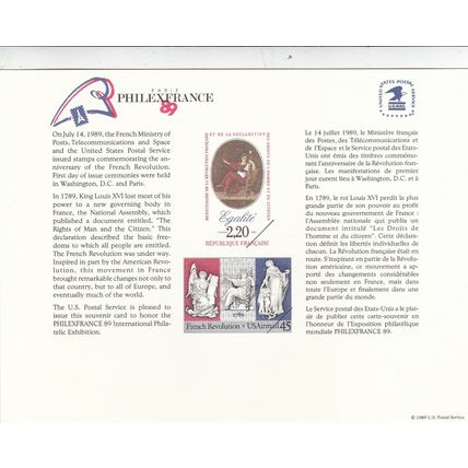 United States-France 1989 Philex France 89 Souvenir Card VGC