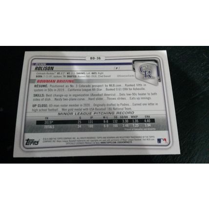 2020 Bowman Draft Card # BD-036 Ryan Rolison Excellent (5) Colorado Rockies