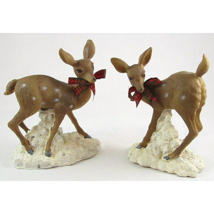 Pair of Deer Does Fawns Wearing Holiday Bows Resin Figurines, Unmarked