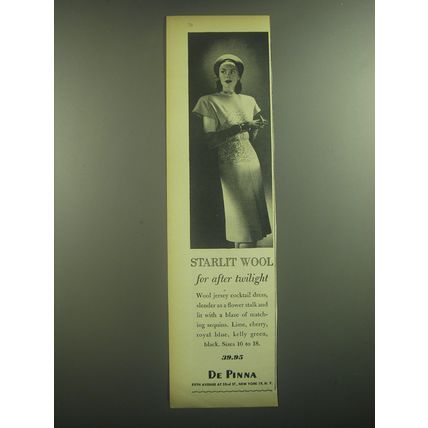 1945 De Pinna Dress Ad - Starlit wool for after twilight