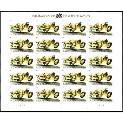 Indianapolis 500 100 Years of Racing Sheet of 20 Current Rate Stamps Scott 4530