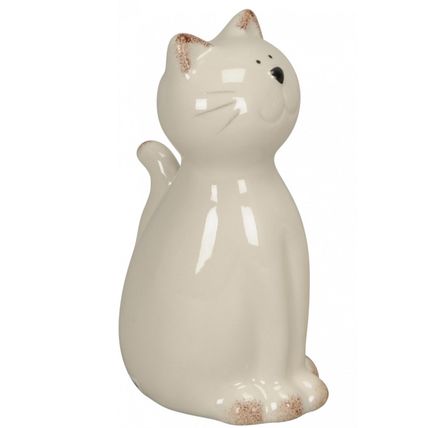 Pale Cream Smiling Cat Ornament Ceramic Feline Figurine Height 12 cm