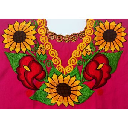 Sunflowers & Calla Lillies Embroidered Cotton Canvas Pink Blouse Chiapas Mexico