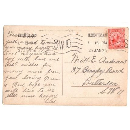 Birthday Remembrance Flowers Postcard with KRAG "SW10" Postmark of London 1920