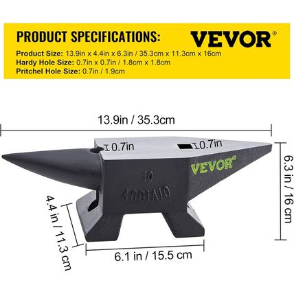 VEVOR Cast Steel Anvil, 22 Lbs(10Kg) Single Horn Anvil with Large Countertop and