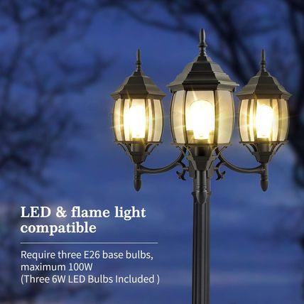 PARTPHONER Outdoor Lamp Post Light 3-Head, Classic Black with Clear Glass Panels