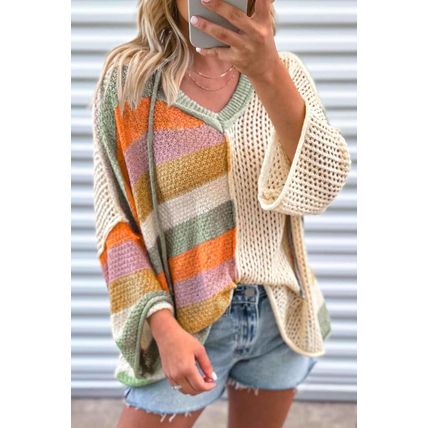Beige Oversized Colorblock V Neck Hooded Sweater