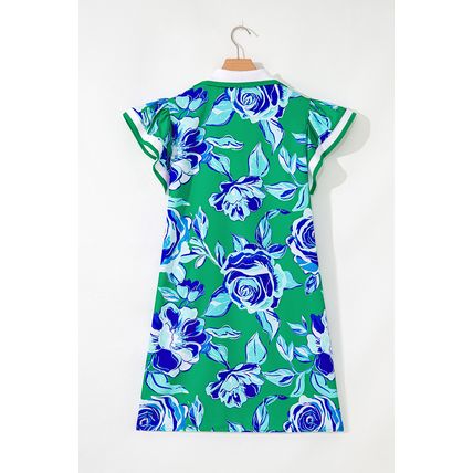 Bright Green Contrast Floral Print Collared V Neckline Ruffled Cap Sleeve Shift