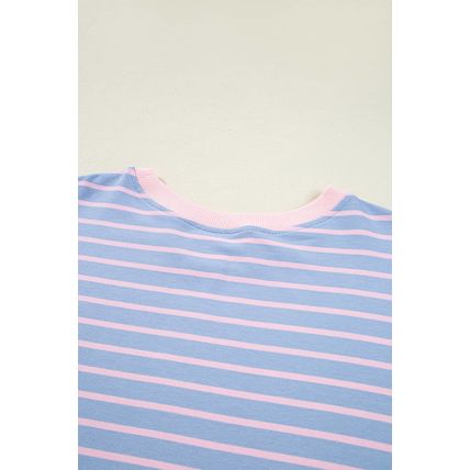 Sky Blue Stripe Oversize Contrast Trim Drop Shoulder Casual Top