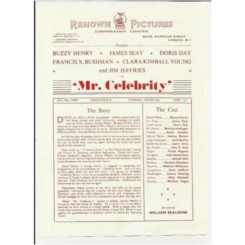 MR CELEBRITY Buzz Henry, Doris Day, Francis X. Bushman Press Sheet