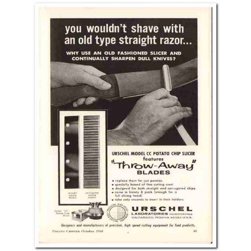 urschel laboratories inc 1968 razor blade slicer snack food vintage ad