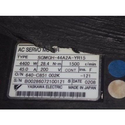 YASKAWA SGMGH-44A2A-YR15 AC SERVO MOTOR, 200 VAC, 1500 RPM,HI,AR