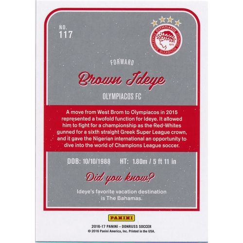 2016 Donruss Soccer 117 Brown Ideye Olympiacos FC