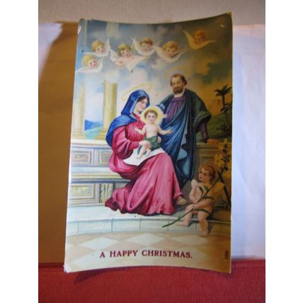 HAPPY CHRISTMAS used vintage postcard RP Mary & Jesus with 7 cherubs