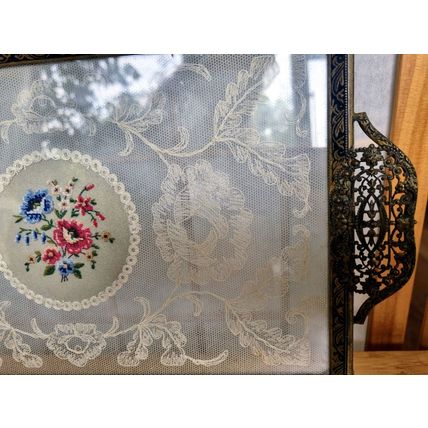 Vintage Petit Point Bedroom Vanity Tray, Brass Filigree, Embroidery, Antique