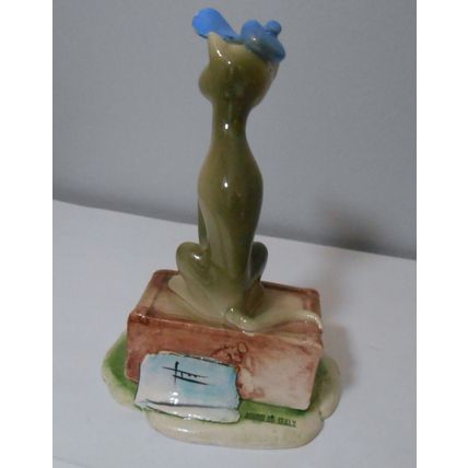 Vintage Lino Zampiva Cat in Blue Hat Sitting on Suitcase Figurine - 1976
