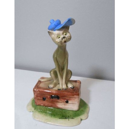 Vintage Lino Zampiva Cat in Blue Hat Sitting on Suitcase Figurine - 1976