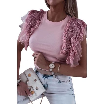 Pink Sequined Ruffle Mesh Sleeves Top