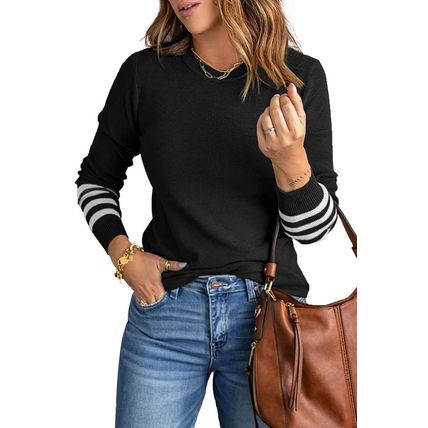 Black Striped Sleeve Plain Knit Sweater
