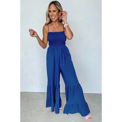 Navy Blue Spaghetti Straps Smocked Ruffled Wide Leg Jumpsuit