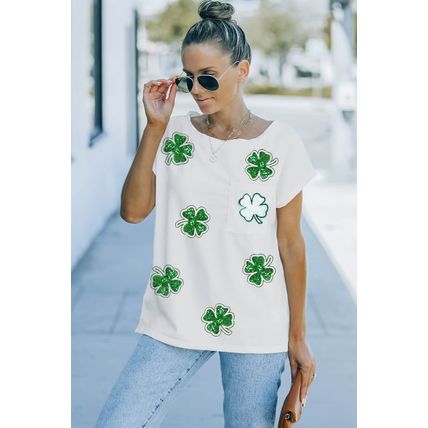 white Sequin St Patrick Clover Patch Pocket Loose Tee