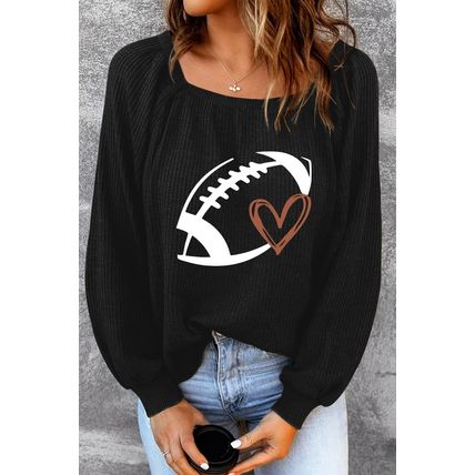 Black Rugby Print Square Neck Puff Sleeve Waffle Top