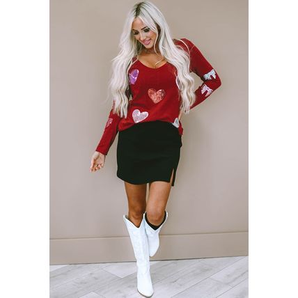Red Sandalwood Sequined Heart Shape Bow Graphic V Neck Top