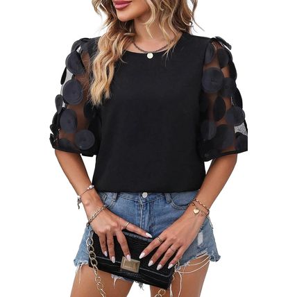 Black Contrast Applique Mesh Half Sleeve Blouse